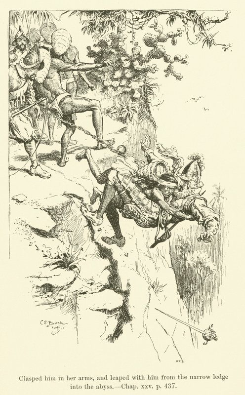 Illustrasjon for Westward Ho! av Charles Kingsley (gravering) av Charles Edmund Brock