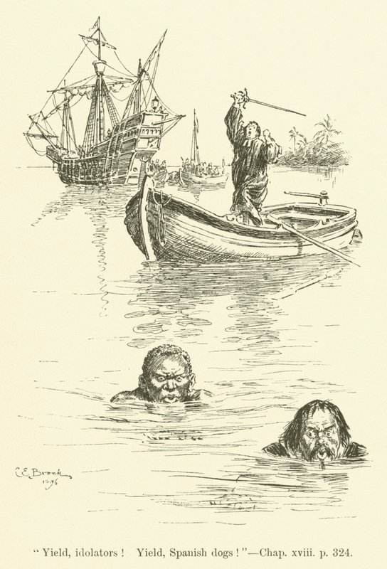 Illustrasjon for Westward Ho! av Charles Kingsley (gravering) av Charles Edmund Brock