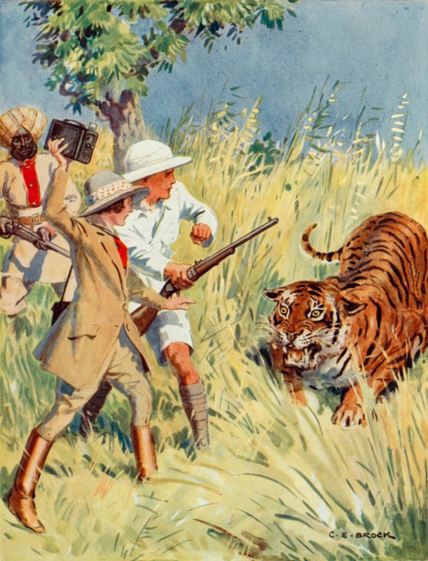 Tigerjakt i India, scene fra The Other Tiger (farge litho) av Charles Edmund Brock
