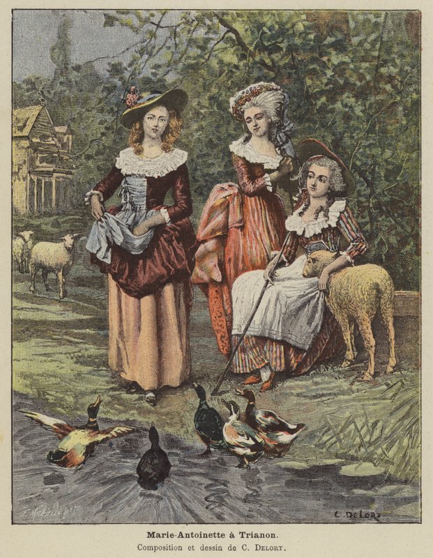 Marie Antoinette ved Trianon (farge litho) av Charles Edouard Delort