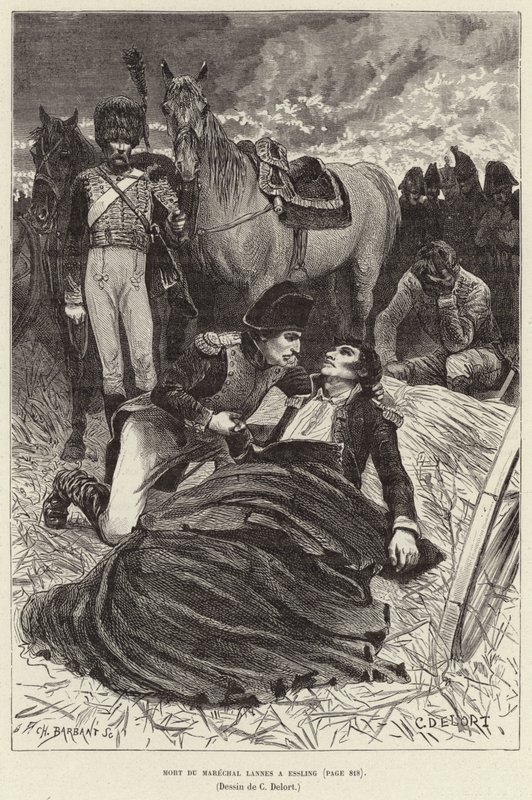 Mort du Marechal Lannes a Essling; Napoleon og den døende marskalken Lannes i slaget ved Aspern-Essling, Østerrike av Charles Edouard Delort