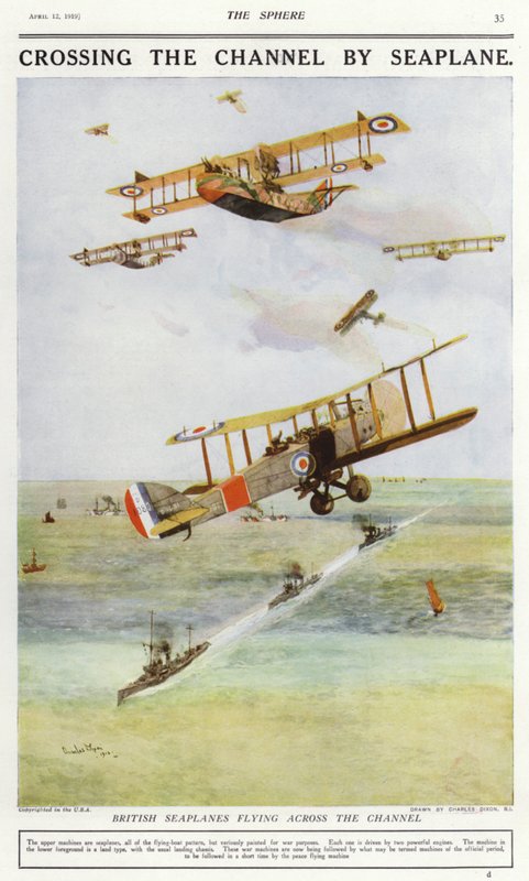 Britiske sjøfly som flyr over Den engelske kanal (farge litho) av Charles Edward (after) Dixon