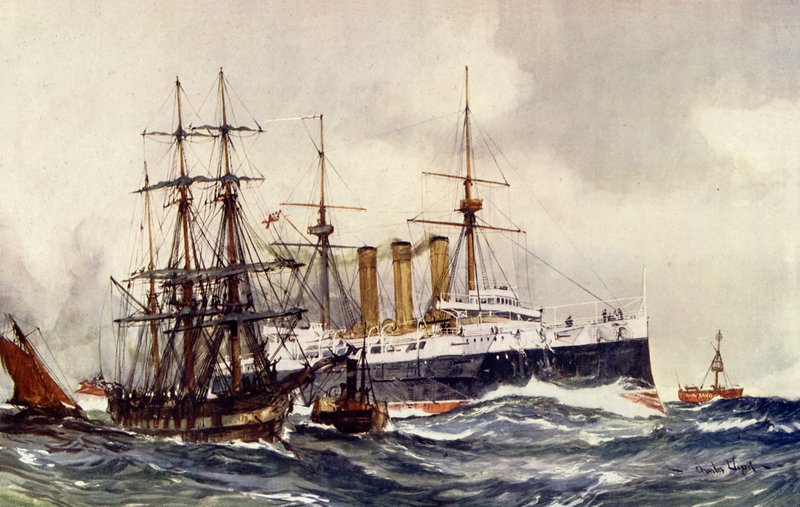 HMS Kent passerer South Sand Lightship av Charles Edward Dixon