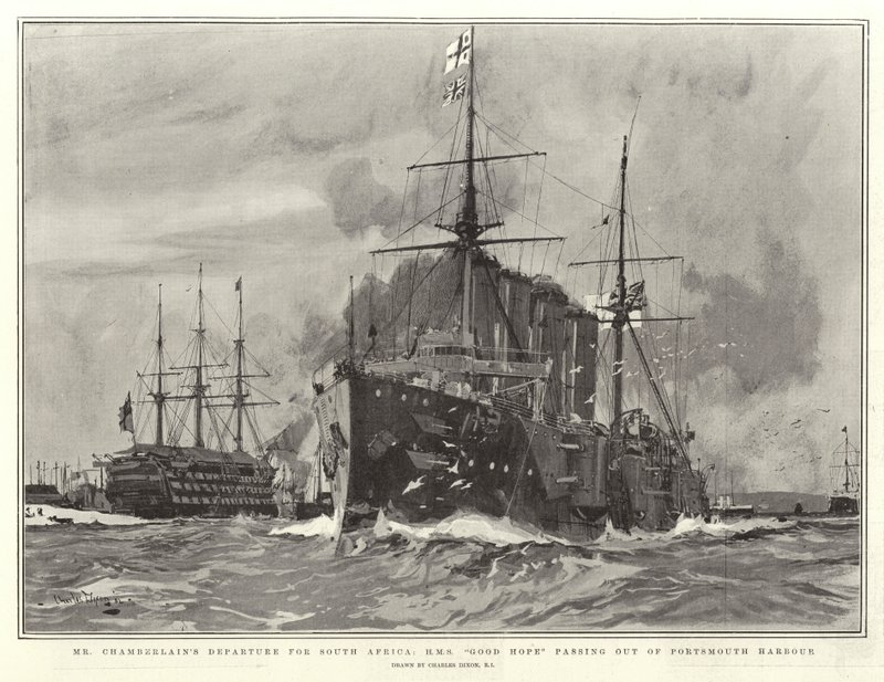 Mr Chamberlains avgang til Sør-Afrika, H M S Good Hope passerer ut av Portsmouth havn av Charles Edward Dixon