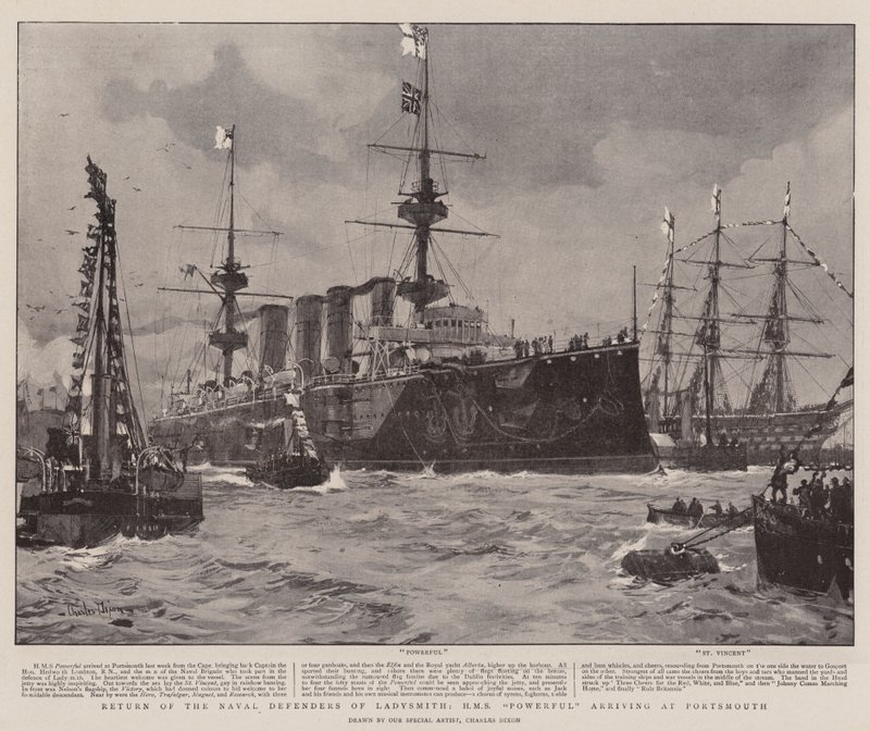 Return of the Naval Defenders of Ladysmith, HMS Powerful ankommer Portsmouth av Charles Edward Dixon