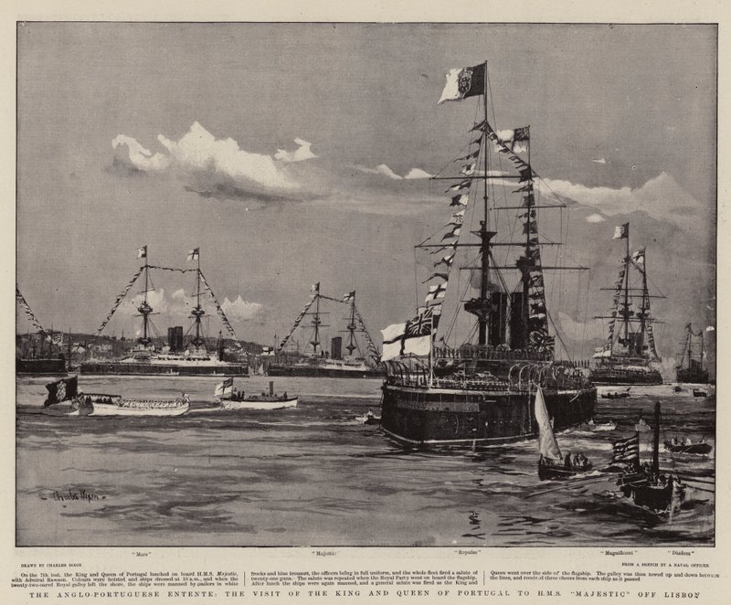 Den anglo-portugisiske ententen, besøket av kongen og dronningen av Portugal til HM S Majestic utenfor Lisboa av Charles Edward Dixon