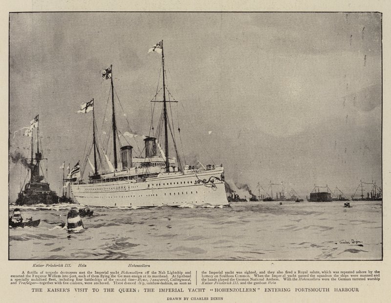 Kaisers besøk til dronningen, Imperial Yacht Hohenzollern kommer inn i Portsmouth havn av Charles Edward Dixon