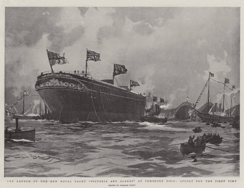 Lanseringen av den nye kongelige yachten Victoria og Albert ved Pembroke Dock, flytende for første gang av Charles Edward Dixon