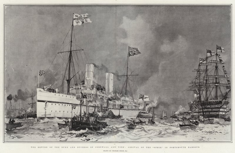 Hertugen og hertuginnens retur av Cornwall og York, Ankomst av Ophir i Portsmouth havn av Charles Edward Dixon