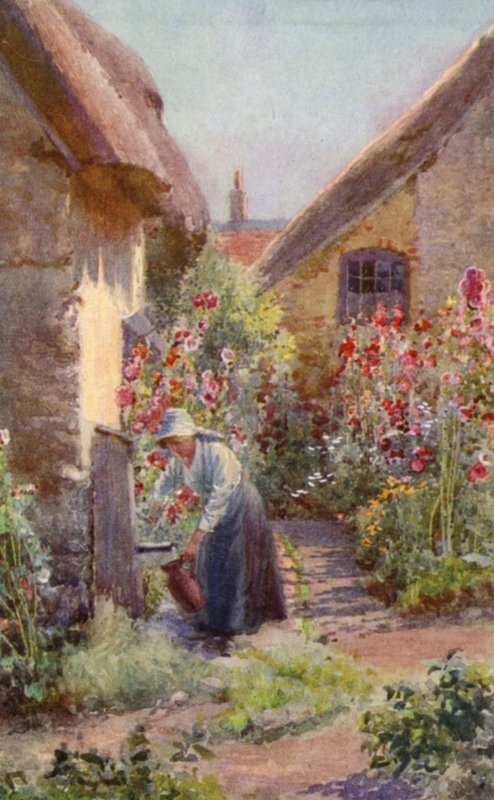 Stokroser i en hyttehage (farge litho) av Charles Edwin Flower