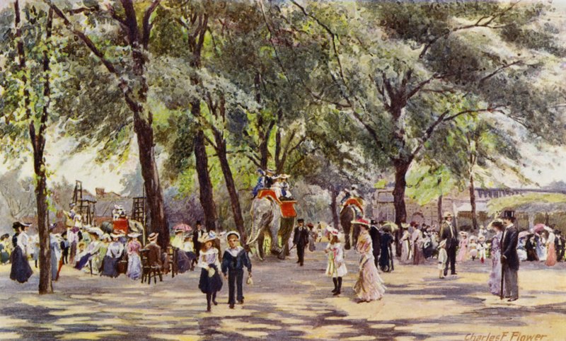 London Zoo: Broad Walk, med elefanter (farge litho) av Charles Edwin Flower