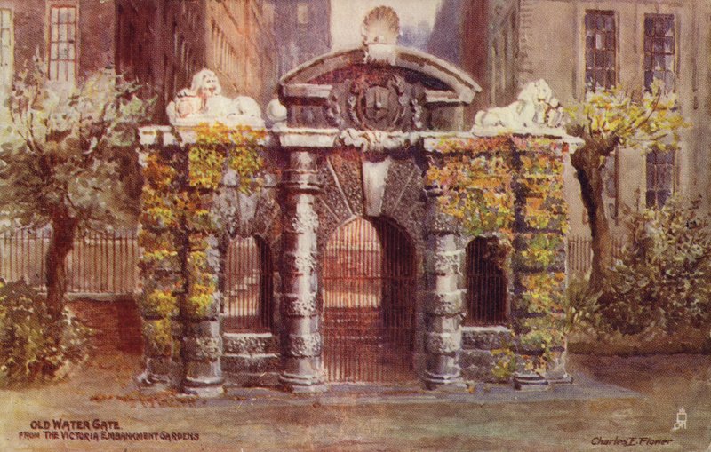 Old Water Gate fra Victoria Embankment Gardens i London av Charles Edwin Flower