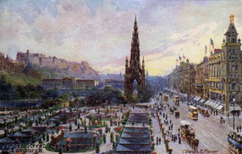 Princes Street, Edinburgh, Scotland (colour litho) av Charles Edwin Flower