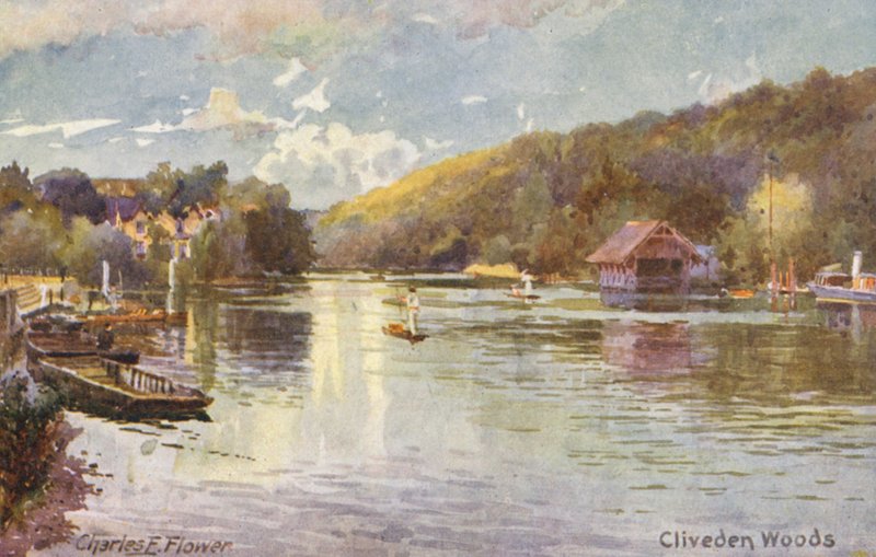 Themsen: Cliveden Woods (fargelitografi) av Charles Edwin Flower