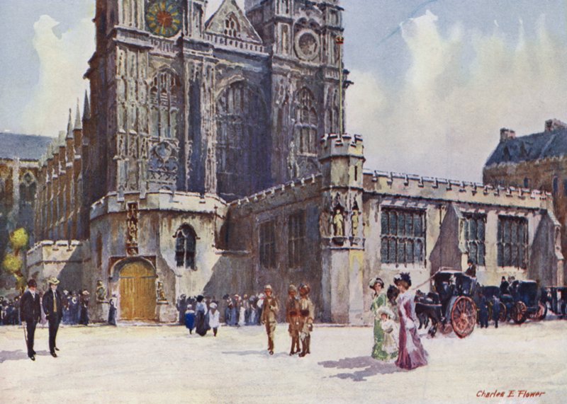 Westminster Abbey, hvor kong Edward VII og dronning Alexandra steg av av Charles Edwin Flower