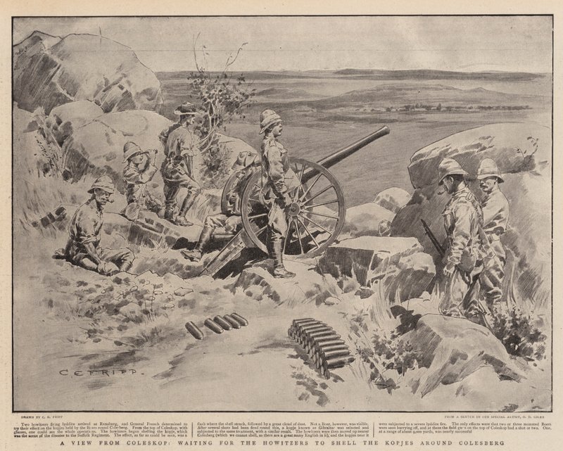 En utsikt fra Coleskop, venter på at Howitzers skal beskylle Kopjes rundt Colesberg av Charles Edwin Fripp