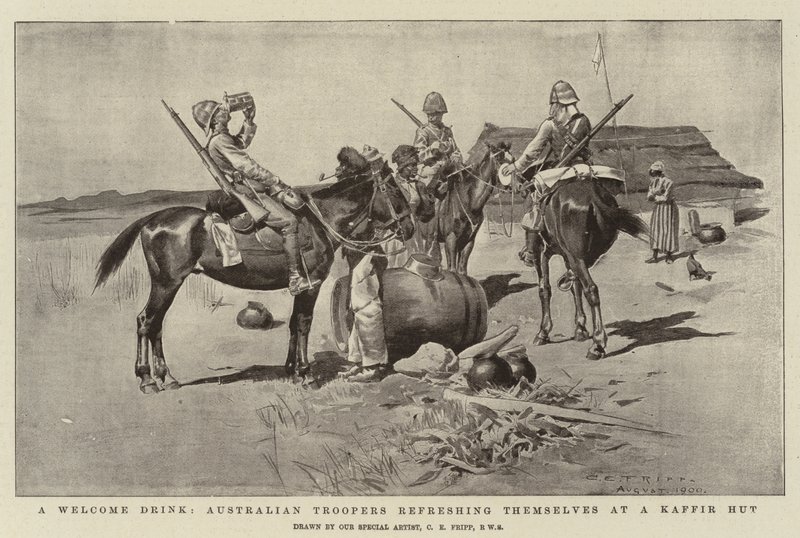 En velkomstdrink, australske troopers som forfrisker seg på en Kaffir Hut av Charles Edwin Fripp