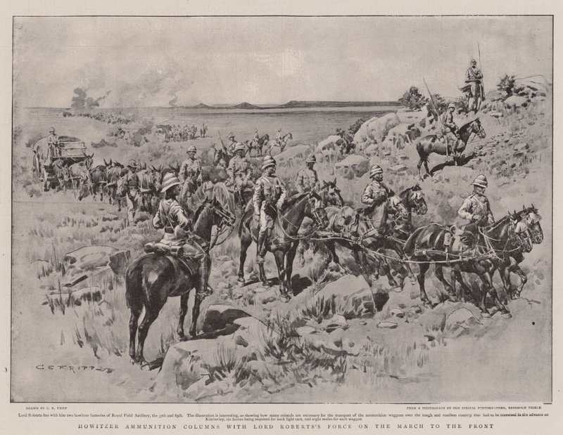 Howitzer-ammunisjonssøyler med Lord Roberts styrke på frontmarsjen av Charles Edwin Fripp