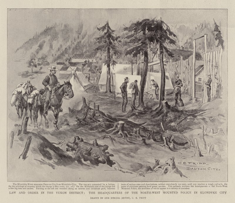 Lov og orden i Yukon-distriktet, hovedkvarteret til North-West Mounted Police i Klondyke City av Charles Edwin Fripp