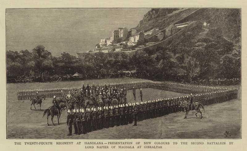 Det tjuefire regiment ved Isandlana, presentasjon av nye farger til den andre bataljonen av Lord Napier av Magdala på Gibraltar av Charles Edwin Fripp