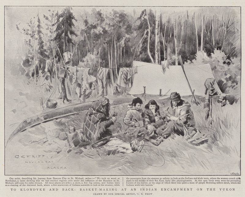 Til Klondyke og tilbake, kurvfremstilling ved et indisk leirsted på Yukon (litho) av Charles Edwin Fripp