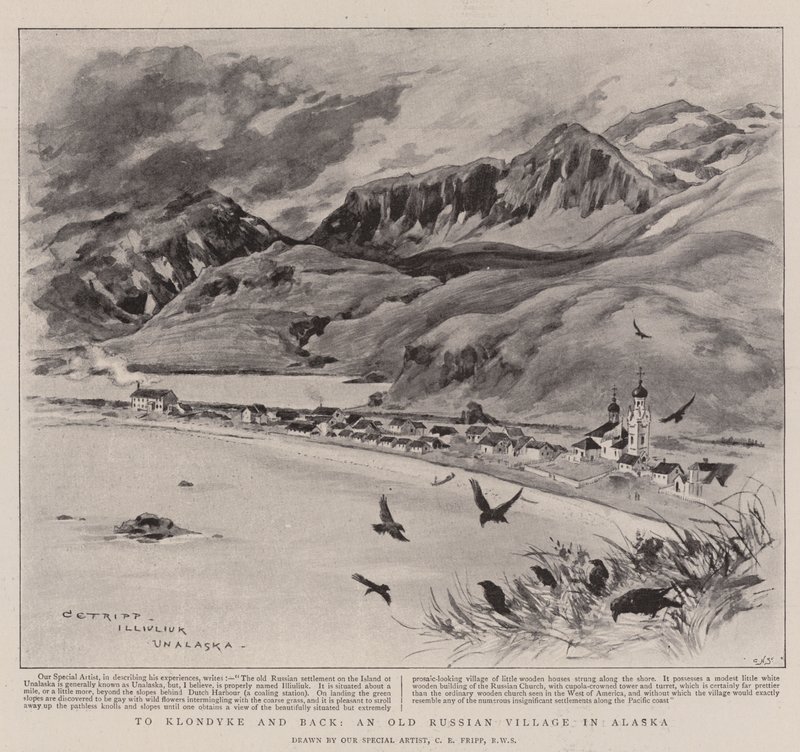 Til Klondyke og tilbake, en gammel russisk landsby i Alaska (litho) av Charles Edwin Fripp