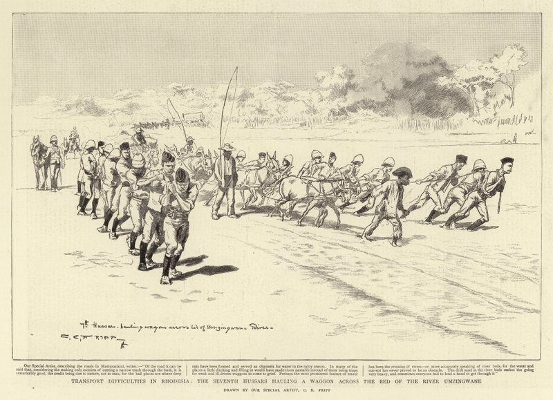 Transportvansker i Rhodesia, de syvende husarene som drar en vogn over elven Umzingwane av Charles Edwin Fripp