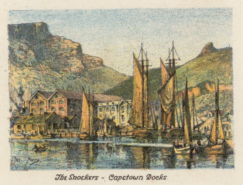 Sør-Afrika: The Snoekers, Capetown Docks (fargelitografi) av Charles Ernest Peers