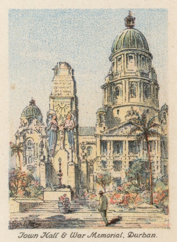 Sør-Afrika: Rådhus og krigsminnesmerke, Durban (fargelitografi) av Charles Ernest Peers