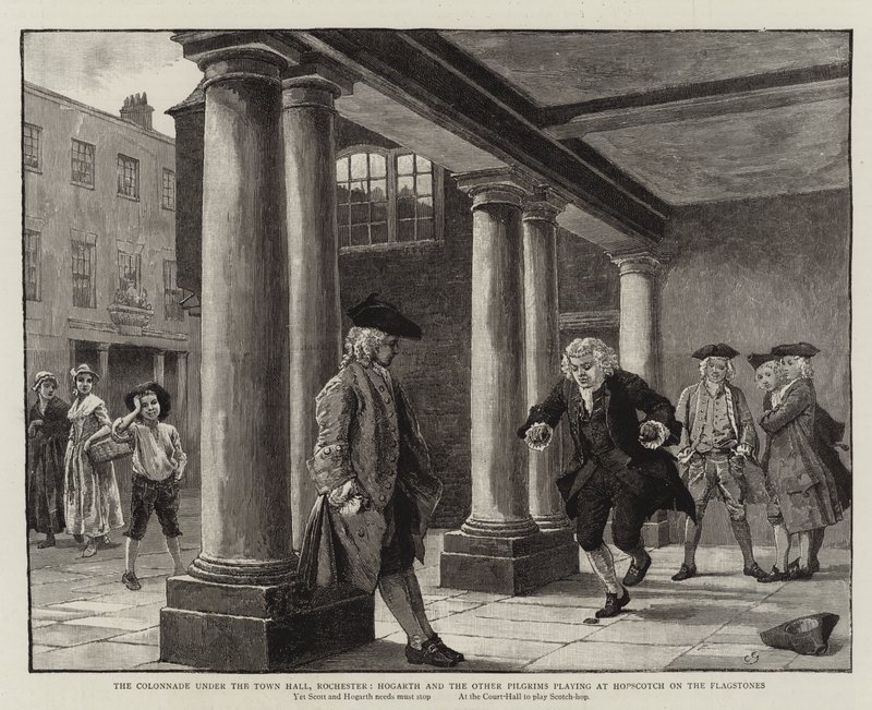 Kolonnaden under rådhuset, Rochester, Hogarth og de andre pilegrimene som leker på Hopscotch on the Flagstones av Charles Green