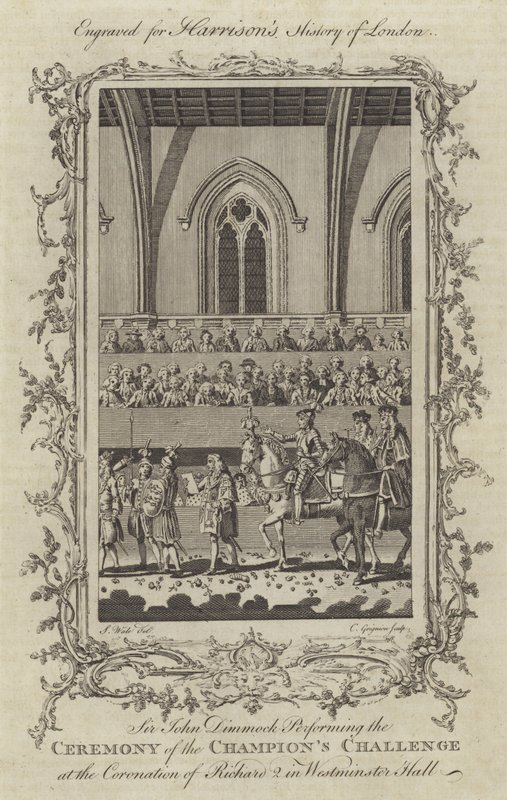 Sir John Dimmock utfører seremonien for Champions Challenge ved Coronation of Richard II i Westminster Hall, 1377 av Charles Grignion