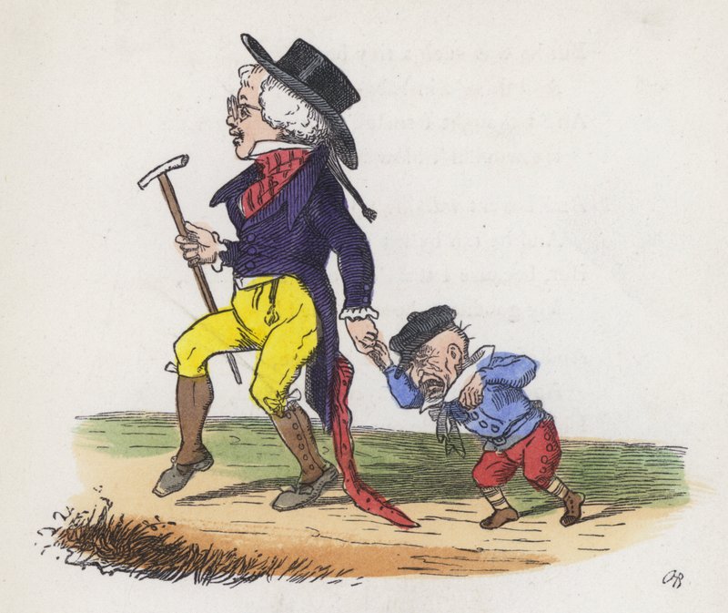 En liten gutts drøm om at han og bestefaren bytter steder (farget gravering) av Charles Henry (after) Bennett