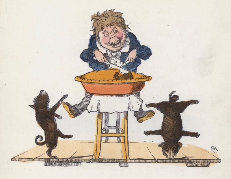 Gutt spiser en pai mens hunden hans utfører akrobatiske bragder (farget gravering) av Charles Henry (after) Bennett