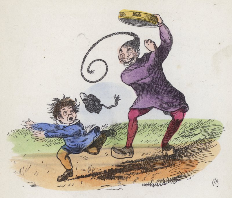 Gutt skremt av en kineser som spiller en tamburin (farget gravering) av Charles Henry (after) Bennett