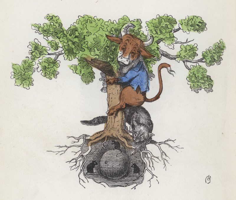 Ku opp et tre over en katt som jakter på mus som spiser ost (farget gravering) av Charles Henry (after) Bennett
