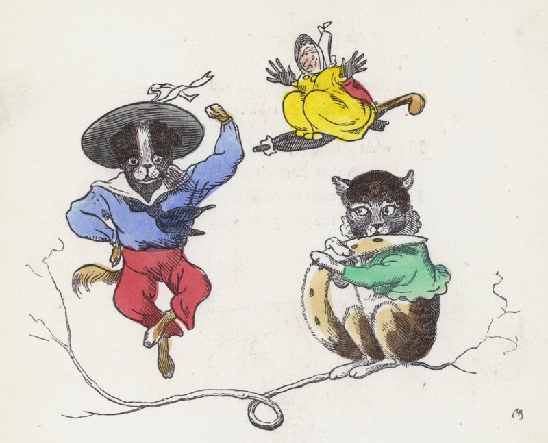Dame Trottypeg og kjæledyret hennes katt og hund (farget gravering) av Charles Henry (after) Bennett