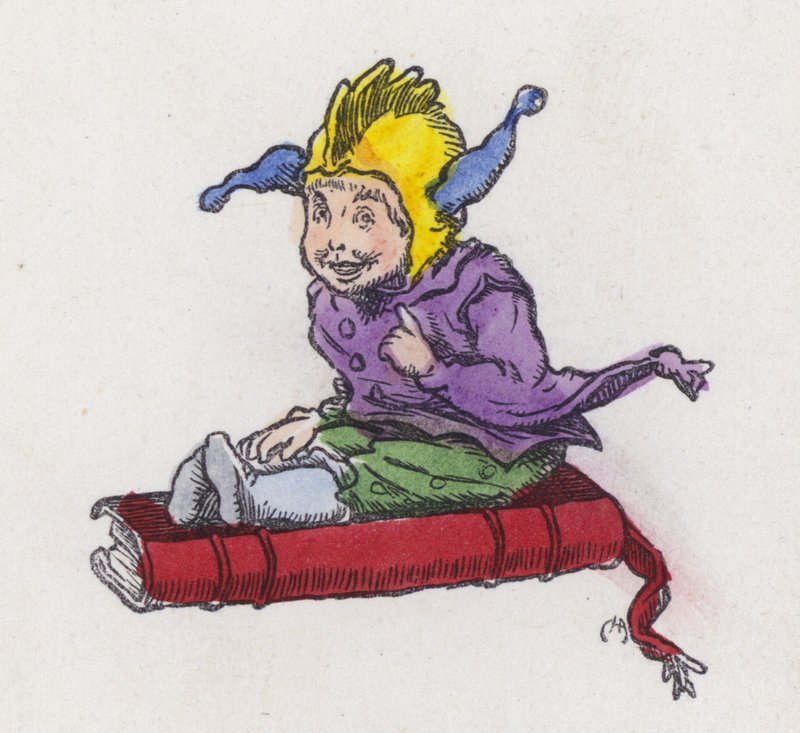 Figur som sitter på en bok og har på seg en lurehatt (farget gravering) av Charles Henry (after) Bennett