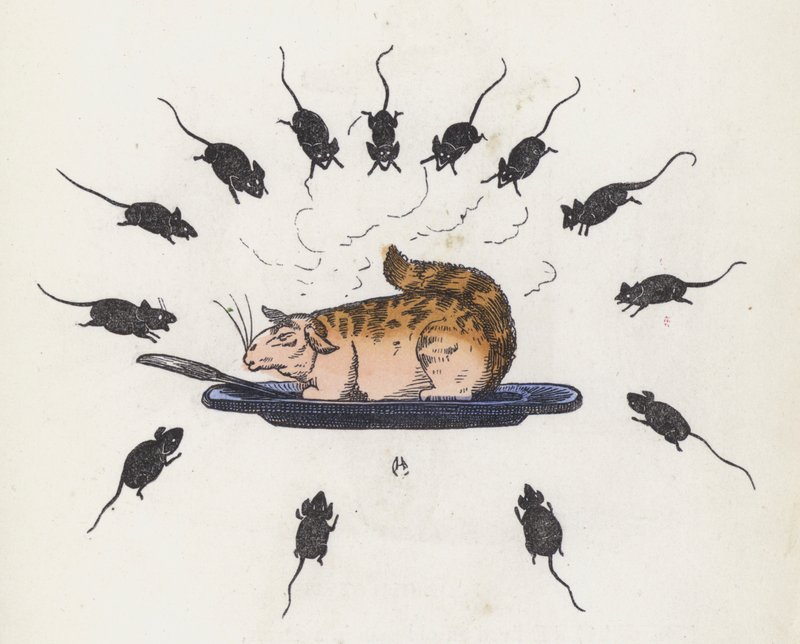 Fråts katt på en tallerken omgitt av sultne mus (farget gravering) av Charles Henry (after) Bennett