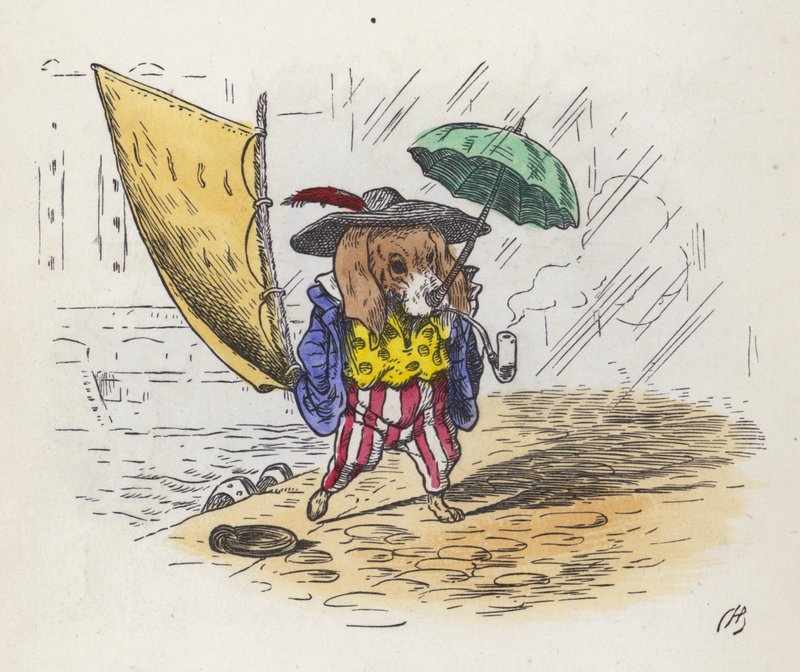 Litte Jack Tar: hund som bruker halen som seil og nesen som paraply (farget gravering) av Charles Henry (after) Bennett