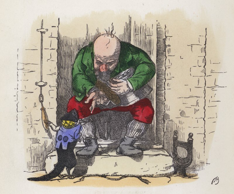 Liten svart katt som ringer på en manns dørklokke (farget gravering) av Charles Henry (after) Bennett