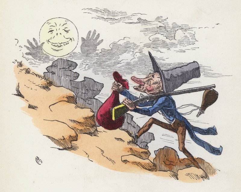 Mann som klatrer en bakke for å skyte på månen (farget gravering) av Charles Henry (after) Bennett