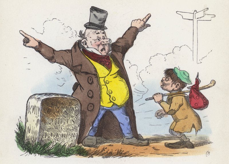 Mann gir forvirrende veibeskrivelse til en reisende på veien til London (farget gravering) av Charles Henry (after) Bennett