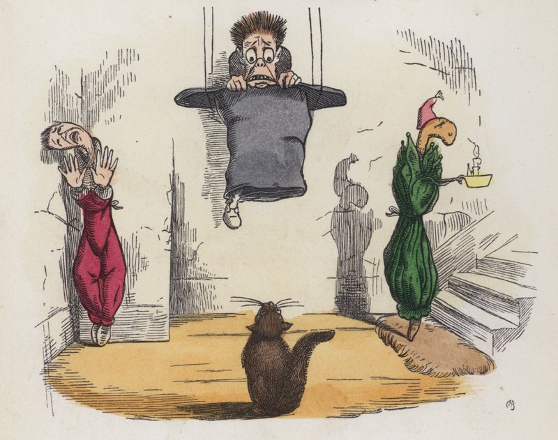 Mann som henger i taket i hatten fordi han er redd for en katt (farget gravering) av Charles Henry (after) Bennett