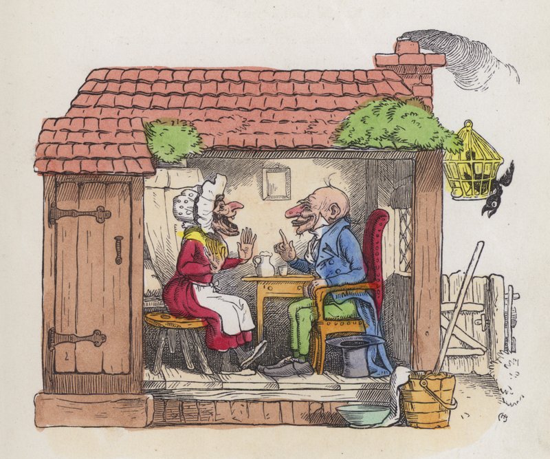 Mann får kona til å le (farget gravering) av Charles Henry (after) Bennett