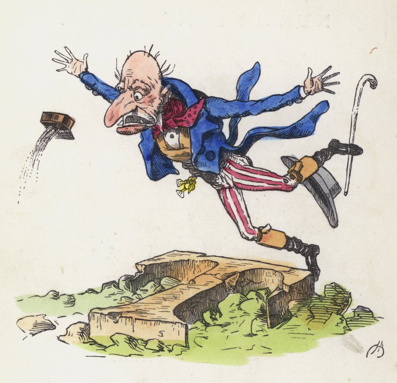 Gammel mann snubler over en stein formet som bokstaven T (farget gravering) av Charles Henry (after) Bennett