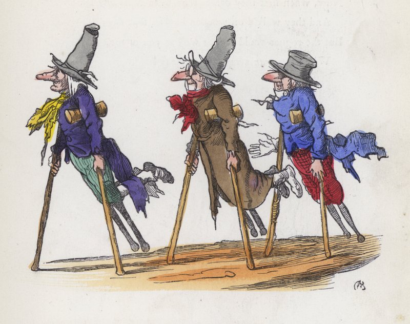 Tre funksjonshemmede tiggere (farget gravering) av Charles Henry (after) Bennett
