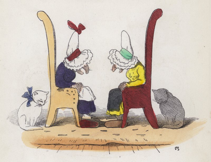To gamle koner snakker og sovner (farget gravering) av Charles Henry (after) Bennett