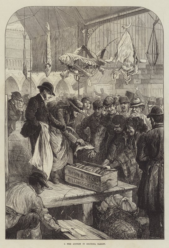 En fiskeauksjon i Columbia Market (gravering) av Charles J. (after) Staniland