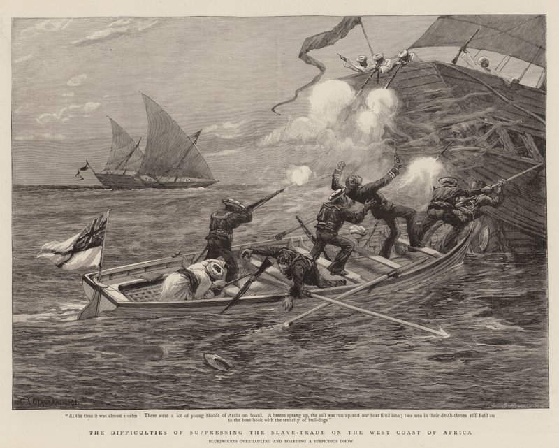 Vanskelighetene med å undertrykke slavehandelen på vestkysten av Afrika (gravering) av Charles J. (after) Staniland