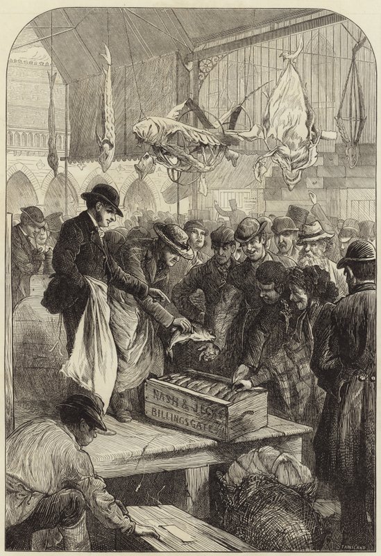 En fiskeauksjon i Columbia Market av Charles J. Staniland